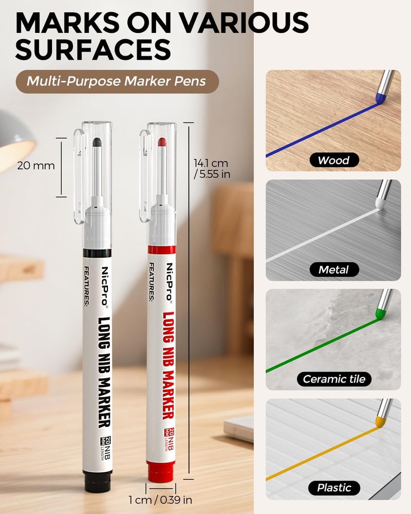 Nicpro 12 PCS Long Nib Marker Pens, 20mm Deep Hole Markers, Quick Dry & Waterproof Construction Marker, Long Head Mark Pens for Metal, Steel, Tile, Glass, Carpenter Marking Tool for Woodworking - Image 2